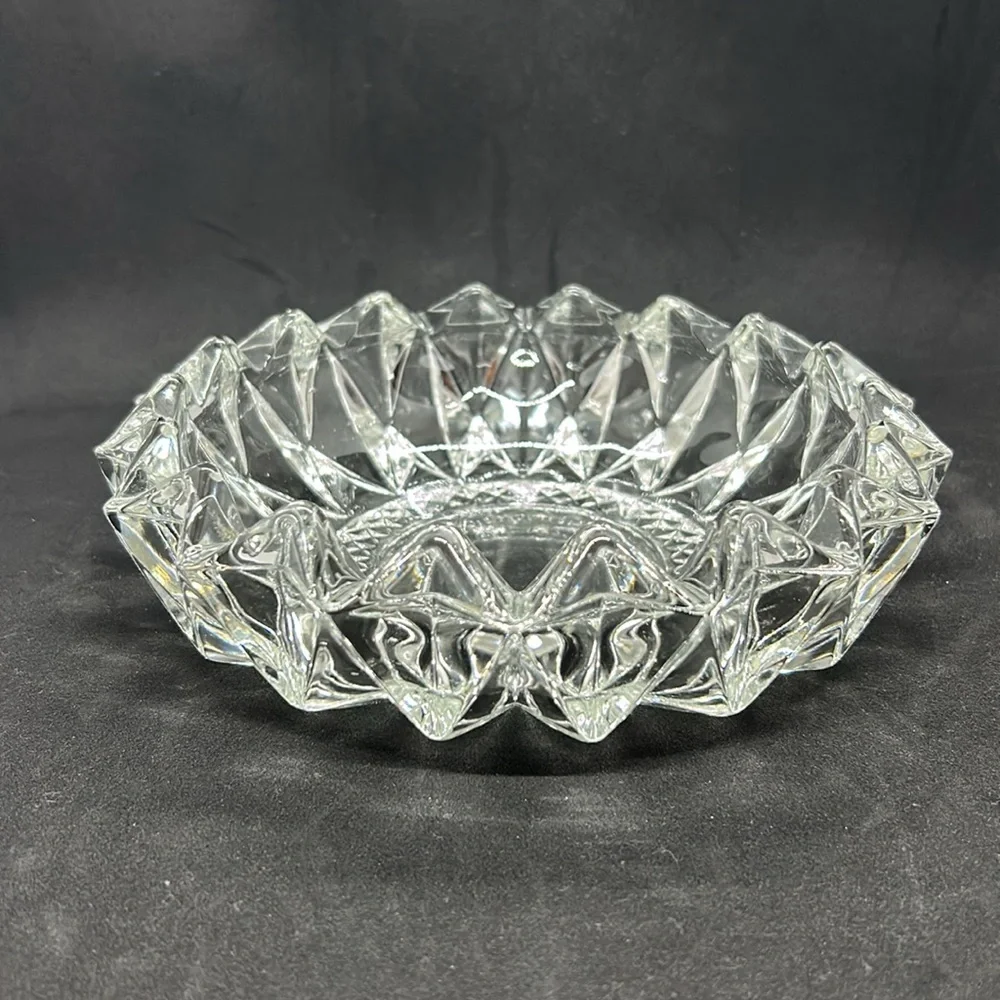 Vintage KIG Indonesia Diamond Pressed Glass Clear Round Ashtray Heavy Cigar